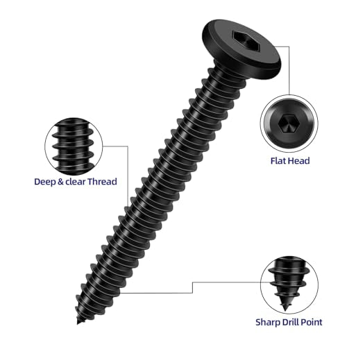 100-Piece M4 x 12mm Black Self-Tapping Screws - 304 Stainless Steel Flat Head Hex Socket Cap Screws with Drive Bit, for Wood and Thin Metal - color: Black, size: M4 x 12mm