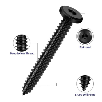 100-Piece M4 x 12mm Black Self-Tapping Screws - 304 Stainless Steel Flat Head Hex Socket Cap Screws with Drive Bit, for Wood and Thin Metal - color: Black, size: M4 x 12mm