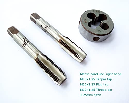 AtticZone M10 x 1.25 Metric Hand Thread Tap and Die Set, Right Hand 10 * 1.25, Alloy Tool Steel, 1 Taper Tap, 1 Plug Tap, 1 Round Die for Metal Working DIY Industrial - size: M10x1.25