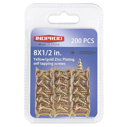 200pcs Flat Head Phillips Wood Screws #8 × 1/2", Yellow Zinc Plated Carbon Steel Sheet Metal Screws, High Strength Self Tapping Screws for Metal Plastic & Wood, Self Drilling, 8 × 1/2-Inch - size: #8X1/2"