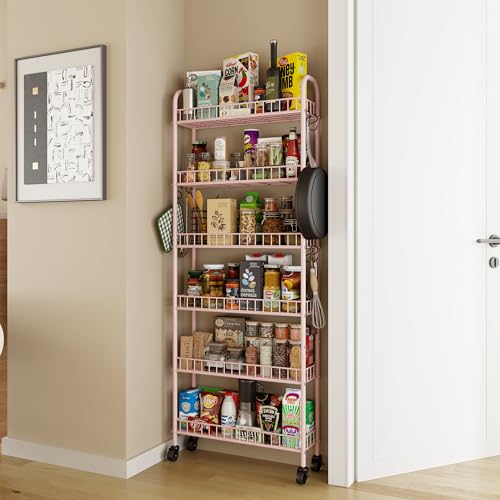 6 Tier Slim Rolling Storage Cart with Wheels, Metal Mobile Shelving Unit Organizer Utility Cart for Office Bathroom Kitchen Laundry Room Narrow Places (Pink 6 Inches) - size: Pink 6 Inches