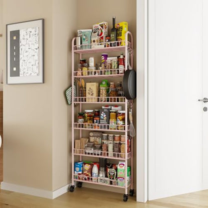 6 Tier Slim Rolling Storage Cart with Wheels, Metal Mobile Shelving Unit Organizer Utility Cart for Office Bathroom Kitchen Laundry Room Narrow Places (Pink 6 Inches) - size: Pink 6 Inches