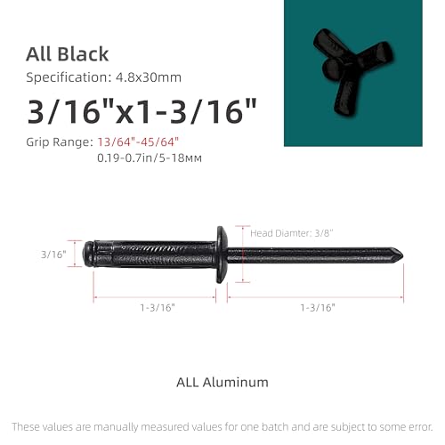 50Pcs Trifold Aluminum Exploding Blind Rivets, All Black, 3/16"x1-3/16" - color: All Black, size: 3/16"x1-3/16"