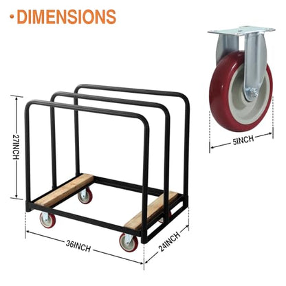 Steel Panel Truck, Drywall Cart W/ 5” PU Swivel Wheels, Heavy-Duty Panel Dolly Cart W/ 1500 LBS Capacity, for Handling Wall Panel/Lumber/Folding Table/Sheetrock， 36" L X 24" W