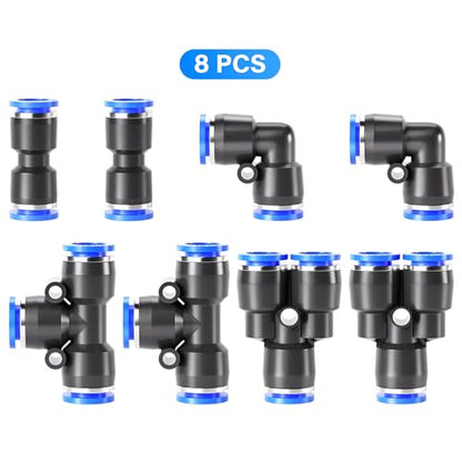 TAILONZ 3/8" Push to Connect Fitting Splitters+Elbows+Tees+Straight 8Pcs - color: Blue, size: 3/8"OD/8PCS