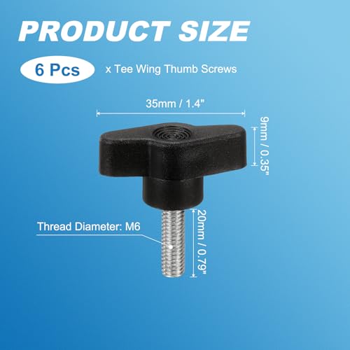 PATIKIL M6 x 20mm Tee Wing Thumb Screws, 6Pcs Carbon Steel Mechanical Handle Bolt Thumb Screws for Remove Replace Hand Clamping Tightening Knobs Power Supply, Black - size: M6 x 20mm