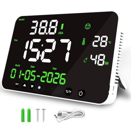 Digital Sound Level Meter 30-130dB with Alarm - Noise Decibel Monitor with Temperature,Humidity, Time, Calendar Display, 8-Level Dimmable, 11inch Screen, Wall Mounted for Classroom, Office, Factory