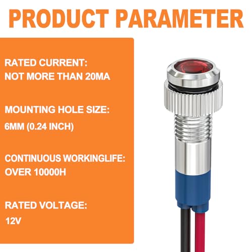 GASHER 5 PCS Energy Saving Indicator Light, LED Light 12V/24V/110V 20mA Panel Mount Light, Mounting Hole Size 6mm Red LED (12V) - color: Red, size: 6MM（12V）