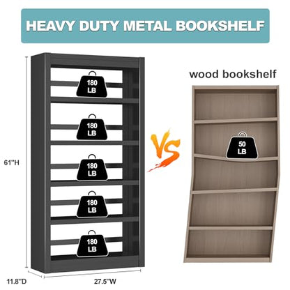 Bookshelf,6-Tier Adjustable Steel Book Shelf,61" H Heavy Duty Metal Bookcase for Home/Office/Garage,Black Shelf (Black, 61" Tall) - color: Black, size: 61"H*27.5"W