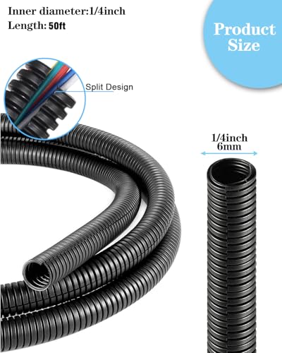 1/4 Inch Wire Loom Split Tubing - 50ft Cord Protector Electric Wires Covers, Automotive Wire Flexible Conduit, Plastic Wire Cover - size: 1/4"-50ft