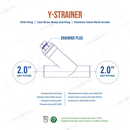Midline Valve 322D422 Y-Strainer with Stainless Steel Mesh Screen, Pipeline Filter Valve, 2 in. Sweat, Cast Brass - size: 2 in., style: Single Pack
