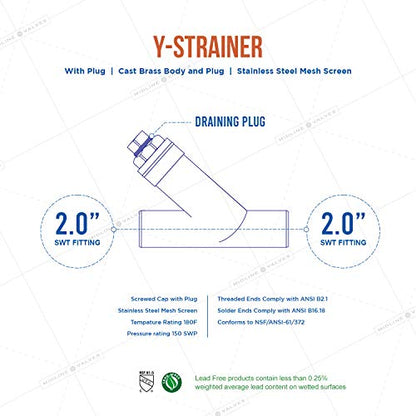 Midline Valve 322D422 Y-Strainer with Stainless Steel Mesh Screen, Pipeline Filter Valve, 2 in. Sweat, Cast Brass - size: 2 in., style: Single Pack