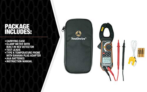 Southwire Clamp Meter - True RMS Accuracy for Precise AC/DC Measurement - Built-In Voltage Tester - Third-Hand Probe Holder - CAT III 600V Safety Rated