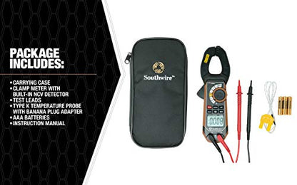 Southwire Clamp Meter - True RMS Accuracy for Precise AC/DC Measurement - Built-In Voltage Tester - Third-Hand Probe Holder - CAT III 600V Safety Rated