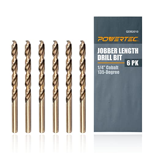 POWERTEC 1/4" Cobalt Drill Bits - 6 Pack - 4" Length - M35 HSS Jobber Length Twist Bits with 135° Tip for Drilling Wood, Metal, Stainless Steel, Nickel Alloy, Cast Iron & Plastic (QDB2010) - style: 6PK 1/4" Cobalt Drill Bit (4" Length)