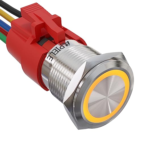 APIELE 19mm Latching Push Button Switch 12V DC Angel Eye Halo Ring LED Metal 0.74" 1NO1NC SPDT with Wire Socket Plug (Yellow) - color: Silver Shell-Yellow, size: Silver Shell