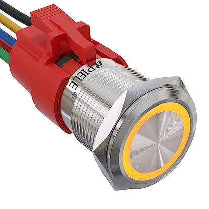 APIELE 19mm Latching Push Button Switch 12V DC Angel Eye Halo Ring LED Metal 0.74" 1NO1NC SPDT with Wire Socket Plug (Yellow) - color: Silver Shell-Yellow, size: Silver Shell