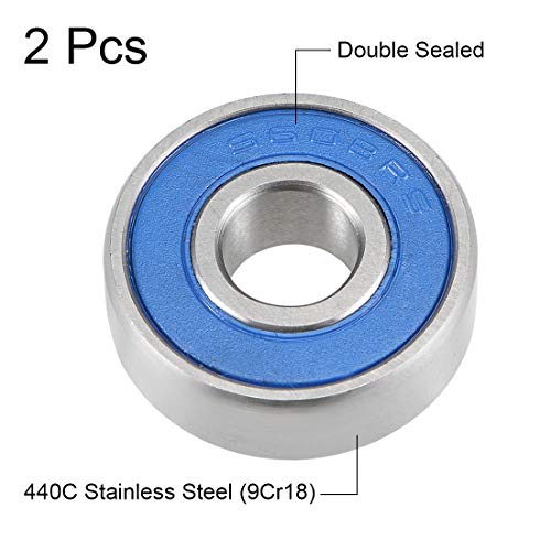 uxcell S608-2RS Deep Groove Ball Bearings 8mm x 22mm x 7mm Double Sealed 440C Stainless Steel 2pcs