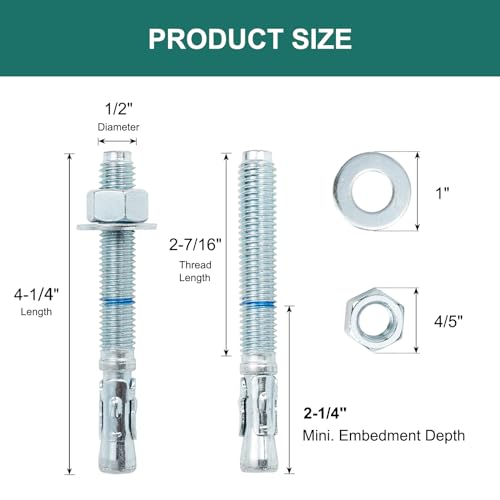 1/2" x 4-1/4" Concrete Anchors (50 Pack) 1/2 inch Wedge Anchors Bolts Zinc Plated - size: 1/2"x4-1/4"