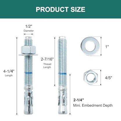 1/2" x 4-1/4" Concrete Anchors (50 Pack) 1/2 inch Wedge Anchors Bolts Zinc Plated - size: 1/2"x4-1/4"