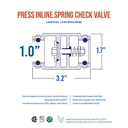 Midline Valve 372S322-5 Inline Spring Loaded Check Valve, Backflow Prevention, Lead Free, 1 in. Press Connections, Cast Brass (5 Pack) - size: 1 in., style: 5 Pack