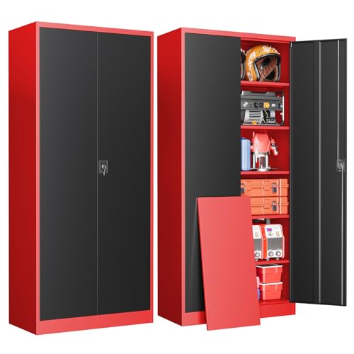 Metal Garage Storage Cabinets with Lock, 71" Tall Tool Cabinet with 2 Door and 5 Adjustable Shelves, Locking Garage Cabinets and Lockable Steel Locker for Home Office Warehouse-(Red Black-71”H) - color: Red Black, size: 71"H