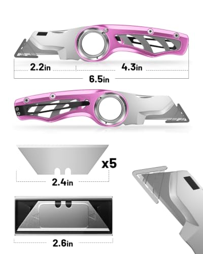 Folding Utility Knife P-ocket Knife, Heavy-Duty Box Cutter with Anti Slip Finger Loop, Quick Change Blade Razor Knife, Box Cutters for Home, Office, Warehouse, Durable Razor Knife, Box Knife (Pink) - color: Pink