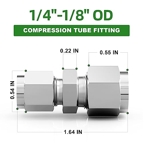 TAISHER 2PCS 304 Stainless Steel Compression Tube Pipe Fitting Connector, 1/4" Tube OD x 1/8" Tube OD Straight Adapter - size: 1/4" OD x 1/8" OD