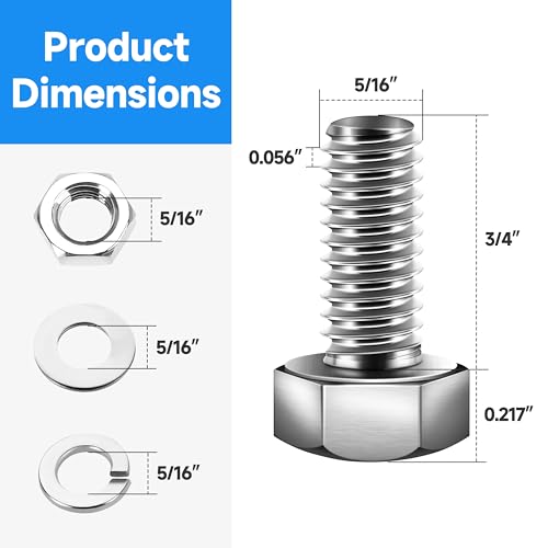 (12 Sets) 5/16 Bolt, 5/16-18 x 3/4" Hex Head Screws Nuts and Kit with 5/16 Stainless Steel Bolts, Nuts Bolts Washers Assortment, Fully Threaded by Marysino - color: (Silver)-5/16, size: 3/4"