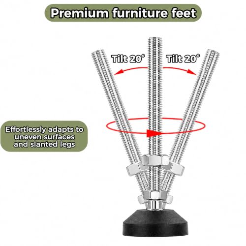 M12 Adjustable Leveling Feet, 4 Pack, 20° Swivel Base with T-Nuts - size: M12 | 5.8" Height | 2" Base | 220 lbs/Leg