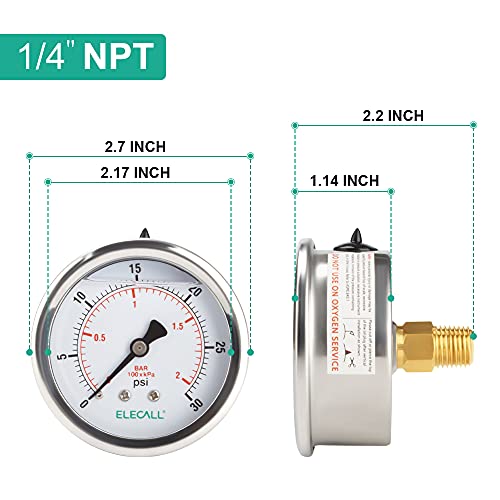 30psi Silicone Oil Filled Pressure Gauge for Water Oil Air Pressure Test in Pool Pump Sand Filter Air Compressor Water System, 2-1/2" Stainless Steel Case, Back Mount 1/4" NPT - size: 0-30 Psi, style: Back Mount