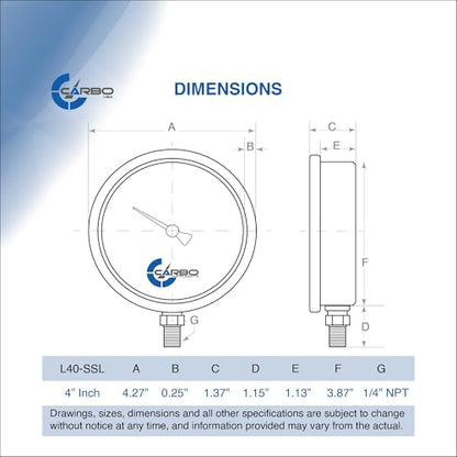 4" Pressure Gauge, Stainless Steel Case, Liquid Filled, 0-300 psi/kPa, Lower Mount 1/4" NPT - size: 0-300 Psi, style: STANDARD