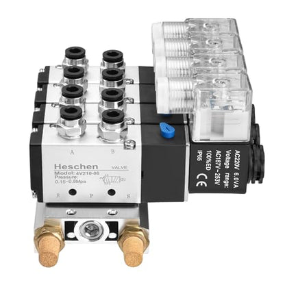 Heschen Electrical Pneumatic 4 Solenoid Valve 4V210-08 AC220V PT1/4 5 Way 2 Position Manifold Base Muffler Quick Fittings Set