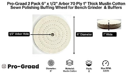 Buffing Wheel 6" x 1" Thick, Fine Muslin, 70 Ply, 2 Pack