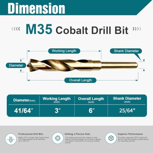 41/64 Inch Cobalt Drill Bit, M35 HSS Twist Drill Bit, 135° Split Point - size: 41/64 Inch
