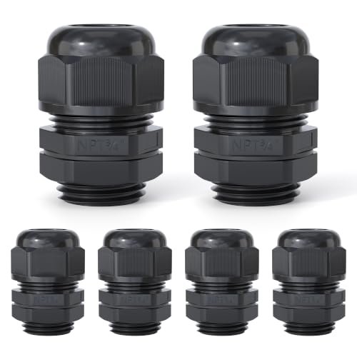 6 Pcs 3/4" NPT Cable Glands, IP68 Waterproof Nylon PA66 - size: 3/4" NPT 6PCS