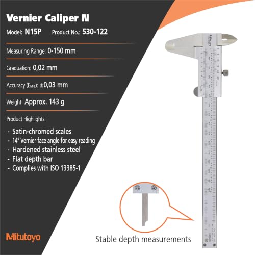 Mitutoyo 530-312 Vernier Calipers, Stainless Steel, for Inside, Outside, Depth and Step Measurements, Metric, 0"/0mm-150mm Range, +/-0.03mm Accuracy, 0.02mm Resolution, 40mm Jaw Depth