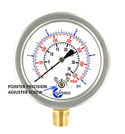 Diaphragm Low Pressure Capsule Gauge, 2-1/2" Dial, 5 PSI Range, 1/4" NPT Lower Mount, Stainless Steel Case, Brass Internals, Adjustable, Scales 5 PSI / 35 kPa / 350 mBar - size: 5 PSI
