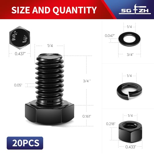 1/4-20 x 3/4" Hex Head Screw Bolt, Nuts, Flat & Lock Washers, 20Pcs 18-8 (304) Stainless Steel, Fully Threaded, Black Oxide by SG TZH - size: 1/4-20 x 3/4"