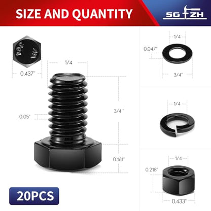 1/4-20 x 3/4" Hex Head Screw Bolt, Nuts, Flat & Lock Washers, 20Pcs 18-8 (304) Stainless Steel, Fully Threaded, Black Oxide by SG TZH - size: 1/4-20 x 3/4"