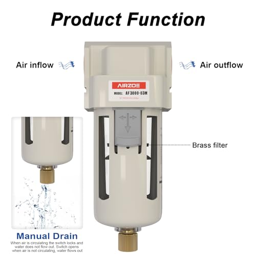 AIRZOE 3/8" NPT Compressed Air Filter, Semi-Auto Drain,0-150psi, AF3000-03 - size: 3/8" NPT