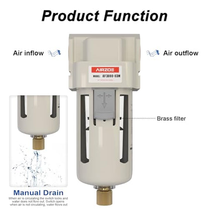 AIRZOE 3/8" NPT Compressed Air Filter, Semi-Auto Drain,0-150psi, AF3000-03 - size: 3/8" NPT
