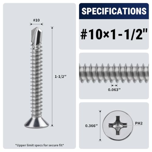 #10 x 1-1/2" Phillips Flat Head Sheet Metal Screws, Stainless Steel 410 Self Drilling Screws for Metal, Countersunk Head, Phillips Drive, Self Tapping, 50 Pack - size: #10 x 1-1/2"