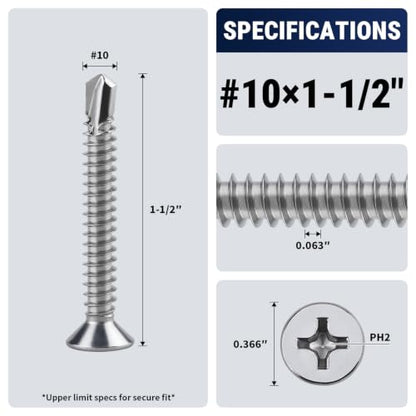 #10 x 1-1/2" Phillips Flat Head Sheet Metal Screws, Stainless Steel 410 Self Drilling Screws for Metal, Countersunk Head, Phillips Drive, Self Tapping, 50 Pack - size: #10 x 1-1/2"