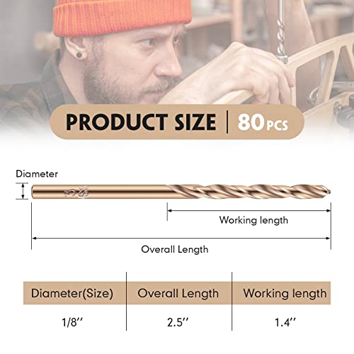 Mudder 80 Pcs 1/8" Drill Bit M35 High Speed Cobalt Drill Bit - size: 1/8 Inch (Single Size Set)