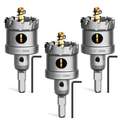 Metal Hole Saw 1-1/2" (38mm) 3Pcs Set Heavy Duty Tungsten Carbide Tipped Hole Cutters Set with L-flench, for Steel Iron,Aluminum,Stainless stell,Plastic - size: 1-1/2"(38mm)