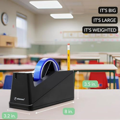 Echomerx Desk Tape Dispenser, One-Handed, Weighted Non-Slip, 1" & 3" Cores