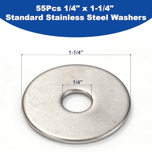 ZQZ 1/4 x 1-1/4" Stainless Steel Fender Washers, 55PCS Flat Washer 1-1/4"OD - size: S-1/4" x 1-1/4"-55 Pieces