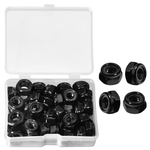 50Pcs M6 x 1.0mm Locknuts, Metric Self-Lock Nylon Inserted Hex Lock Nuts Black Zinc Plated 304 Stainless Steel Self Clinching Nut for Auto, Machine, Furniture, Tiny Nut with Storage Box - size: M6-Black
