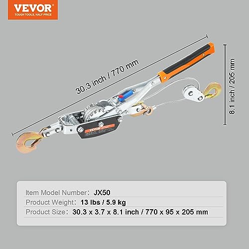 VEVOR Come Along Winch, 5 Ton (11,023 lbs) Pulling Capacity, 11.5 ft Steel Cable, 3 Hooks, Heavy Duty Ratchet Power Puller Tool with Dual Gears, Automotive Hoist Cable Puller Ideal for Vehicle Rescue - size: 5 Ton